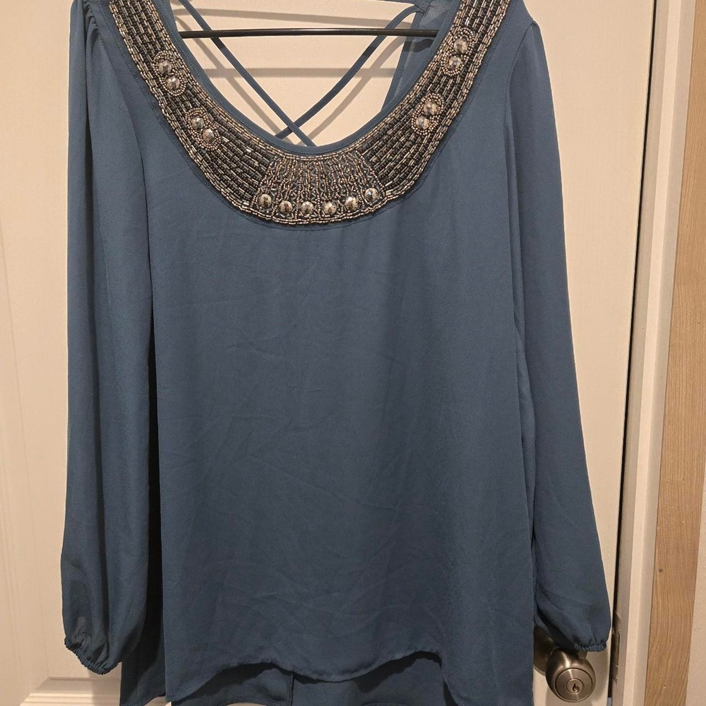 Blue Studio Y blouse with beaded neckline. womens large